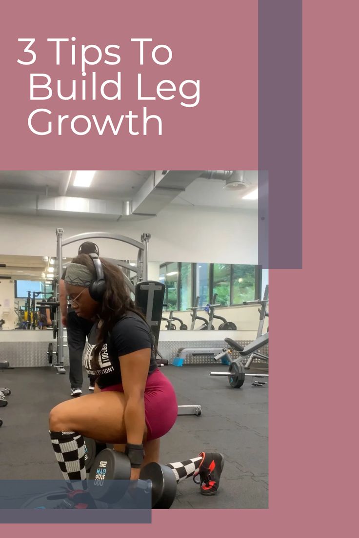 a woman squatting on a bench with headphones in her ears and the words 3 tips to build leg growth