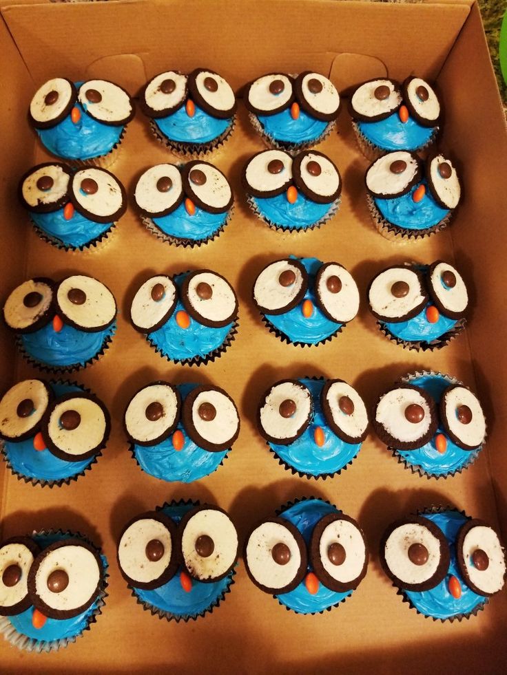 a box filled with blue cupcakes covered in frosting and decorated like an owl