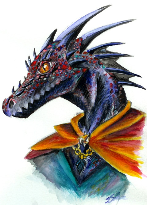 a drawing of a dragon head with colorful feathers on it's head and tail