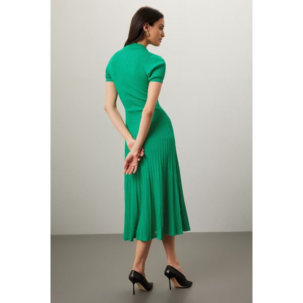 Green (Lower main fabric: 62% Viscose, 38% Polyamide; Upper main fabric: 53% Viscose, 45% Polyamide, 2% Elastane). Casual dress. Short sleeves. Collared. Front button closure. 49" from shoulder to hemline. Imported. Cocktail A-line Dress With Fitted Waist, Spring Fitted Pleated Belted Dress, Fitted A-line Pleated Dress For Summer, Pleated V-neck Dress With Fitted Waist, Flattering Fitted A-line Dresses, Flattering A-line Cocktail Dress, Flattering A-line Spring Maxi Dress, Formal A-line Viscose Midi Dress, Fitted Pleated Midi Dress For Cocktail