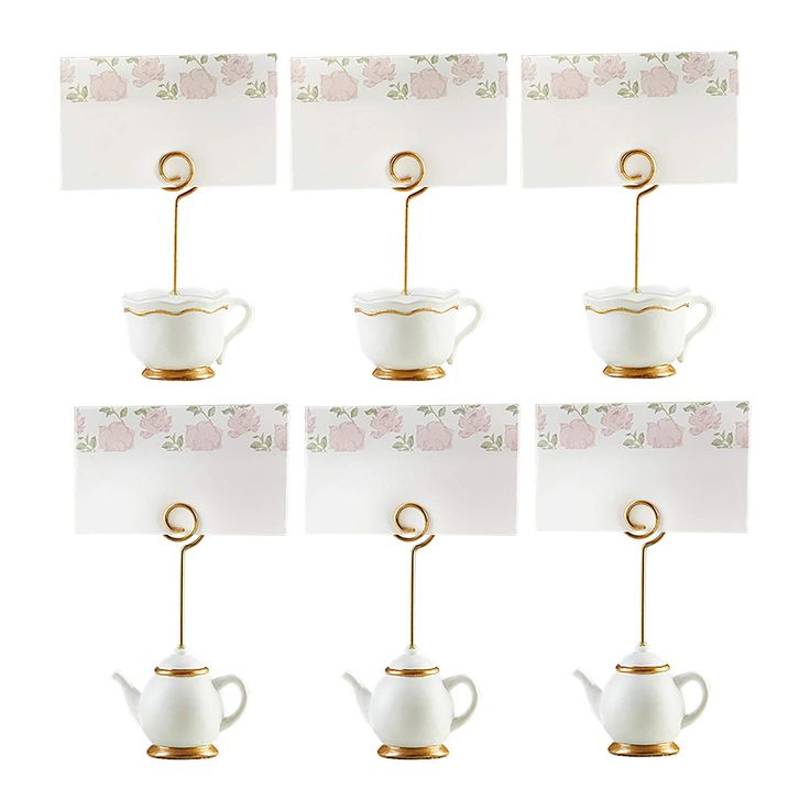 teacup place cards with gold metal holders and paper clips, set of 6 for wedding or baby shower