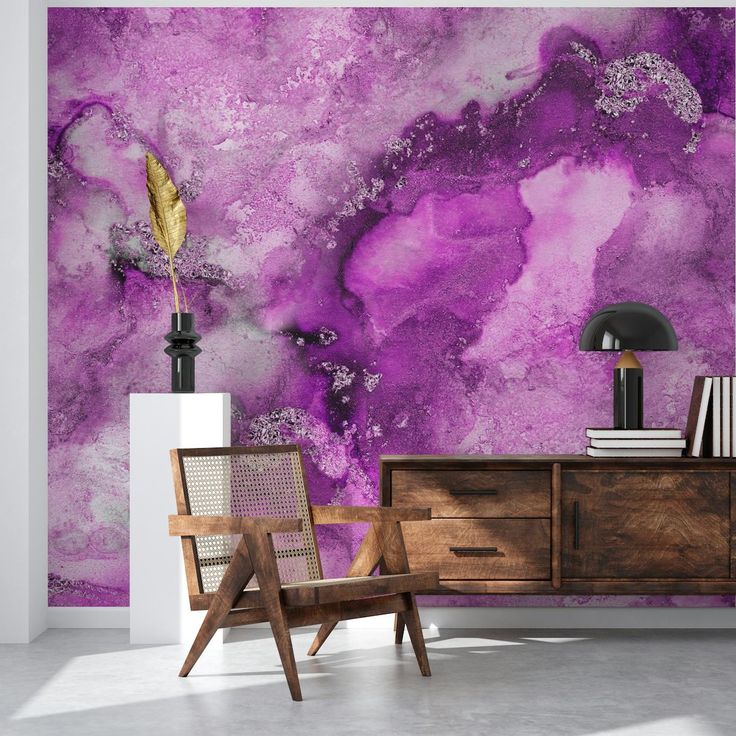 a purple marble wallpaper with a wooden chair and sideboard in front of it