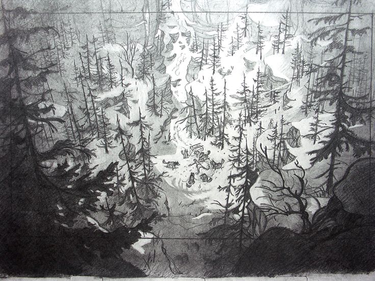 a black and white drawing of trees in the woods