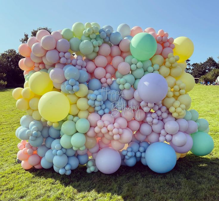 a bunch of balloons that are in the grass