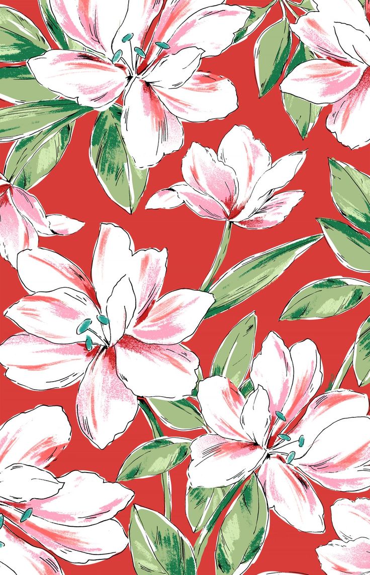 a red background with white flowers and green leaves on the bottom right hand corner is an illustration of pink lilies