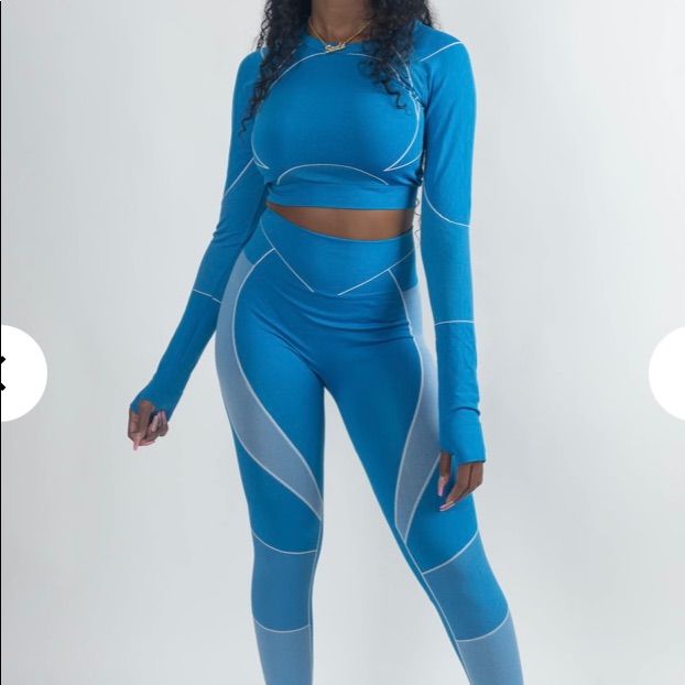 Stretchy Material L/Xl Fits Both Sizes Fitted Light Blue Loungewear Sets, Trendy Long Sleeve Blue Activewear, Light Blue Fitted Loungewear Sets, Trendy Blue Long Sleeve Activewear, Casual Blue Fitted Sets, Blue Casual Fitted Sets, Blue Fitted Casual Sets, Fitted Light Blue Activewear For Loungewear, Light Blue Fitted Activewear For Loungewear