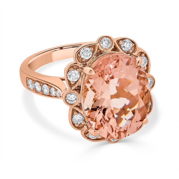 Designed with 14K rose gold, the unmatched charm of this elegant ring complements your distinct style perfectly. Set with a radiant oval cut Morganite, it is bordered by glittering round cut Diamonds that draw attention wherever you go. Product Information SKU 10446 Metal Type 14K Metal Color Rose Gold Ring Style Fashion Primary Stone Gemstone Name Morganite Gemstone Species Beryl No. Of Gemstones 1 Gemstone Shape Oval Gemstone Weight 7.39 Gemstone Size 14x11 Origin Africa Secondary Stone Gemsto Morganite Gemstone, Notes Template, Morganite Ring, Elegant Ring, Ring Style, Gemstone Name, Morganite, Diamond Gemstone, Round Cut Diamond