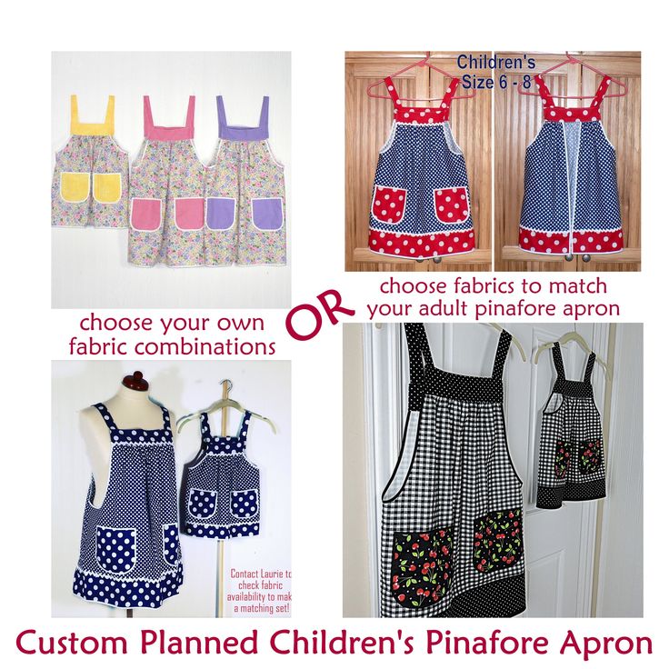 four different aprons are shown with the words customized children's pinafor