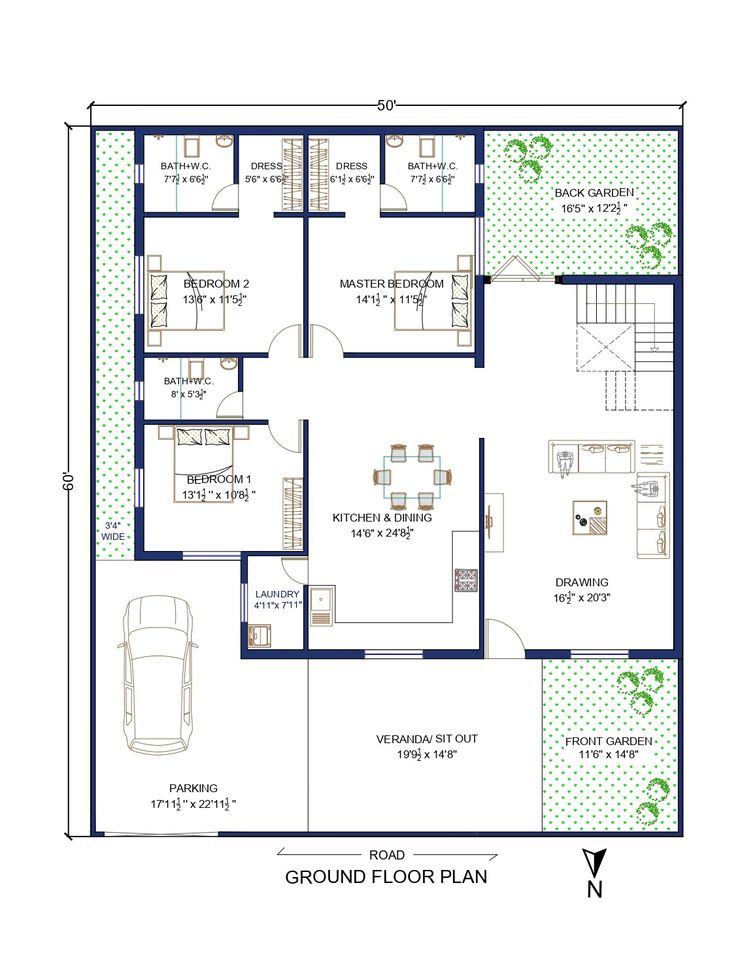 the ground plan for a two bedroom house with an attached garage and living room area