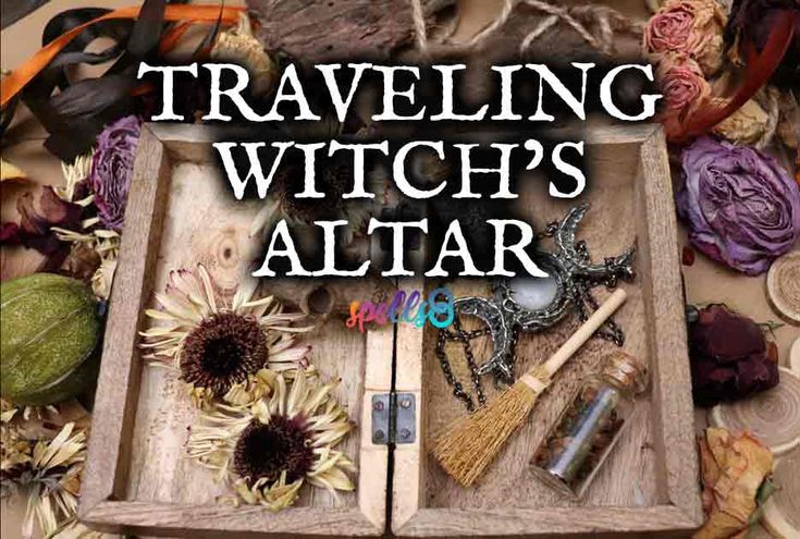 the cover of traveling witch's altar, with various items in an open wooden box