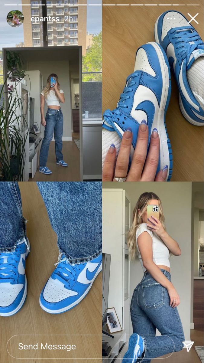 Light Blue Nike Dunks Outfit Woman, Ice Blue Dunks Outfits, Blue Nike Shoes Outfit, Blue Dunks Outfit Woman, Nike Dunk Blue Outfit, Blue Tint Dunks Outfit, Nike Dunk University Blue Outfit, University Blue Dunks Outfit, Sporty Light Blue Jordan Shoes For Streetwear