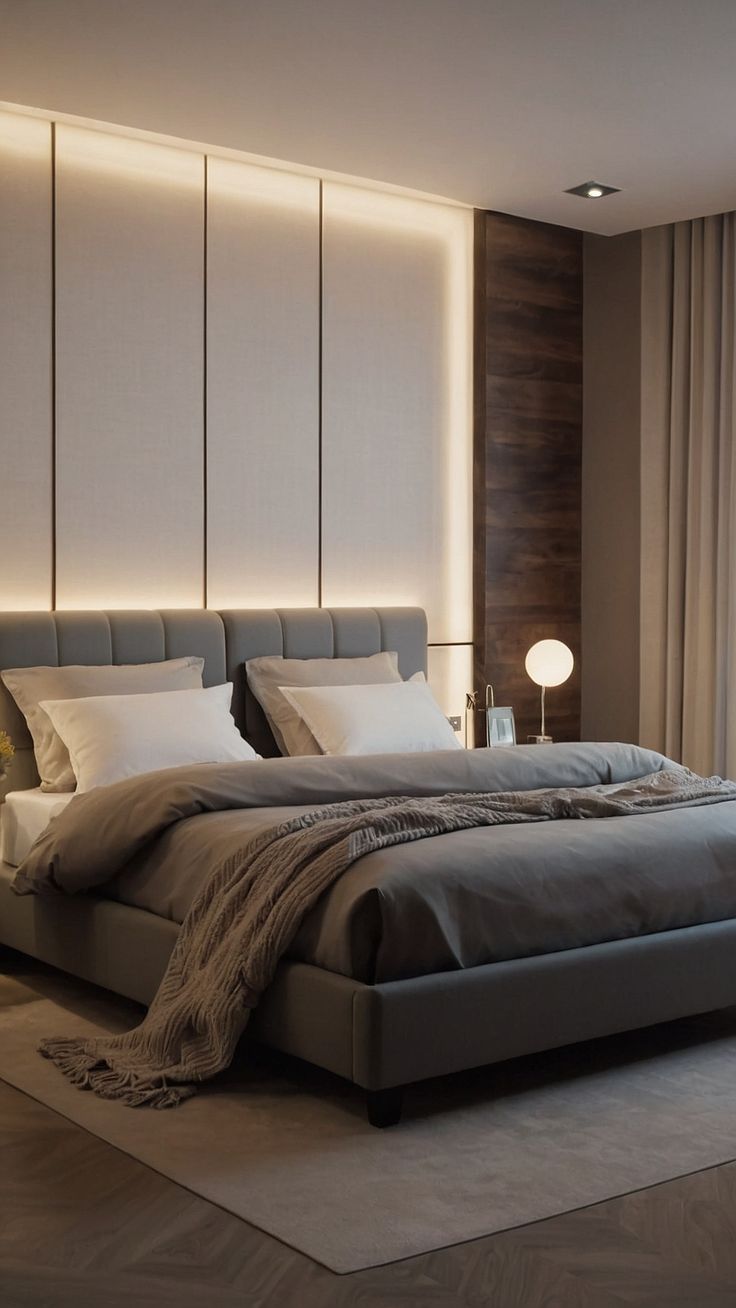 a large bed sitting in the middle of a bedroom next to a wall mounted lamp