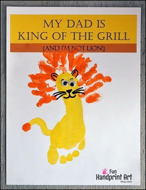 a child's handprint is shown with the words, my dad is king of the grill and lion