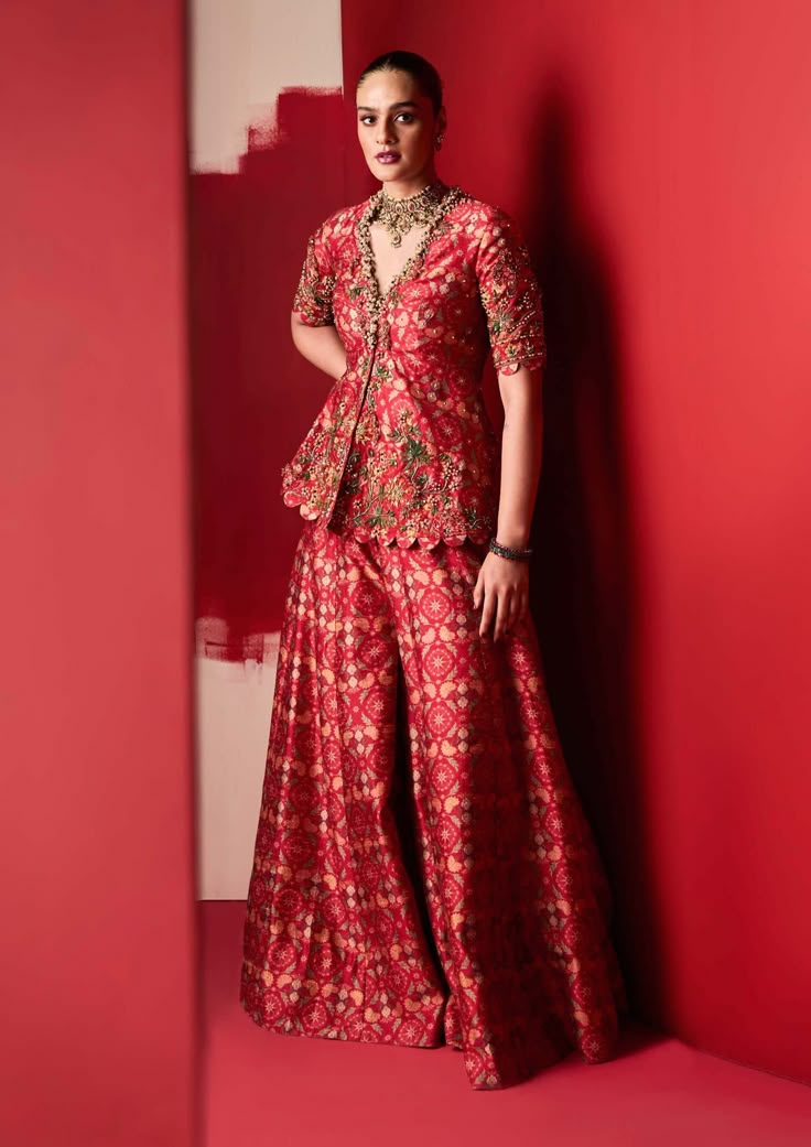 Ridhi Mehra-Saadirah Red Embroidered Peplum And Sharara-INDIASPOPUP.COM Silk Sharara, Ridhi Mehra, Printed Peplum Top, Embroidered Crop Tops, Sharara Set, Print Chiffon, Embroidered Silk, Ethnic Wear, Raw Silk