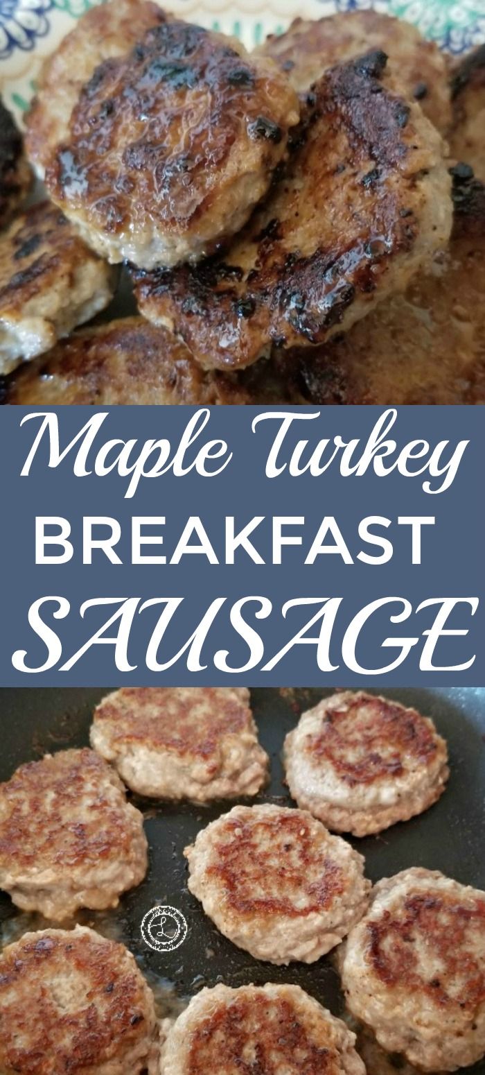 some breakfast sausages are being cooked in a skillet with the words maple turkey breakfast sausage