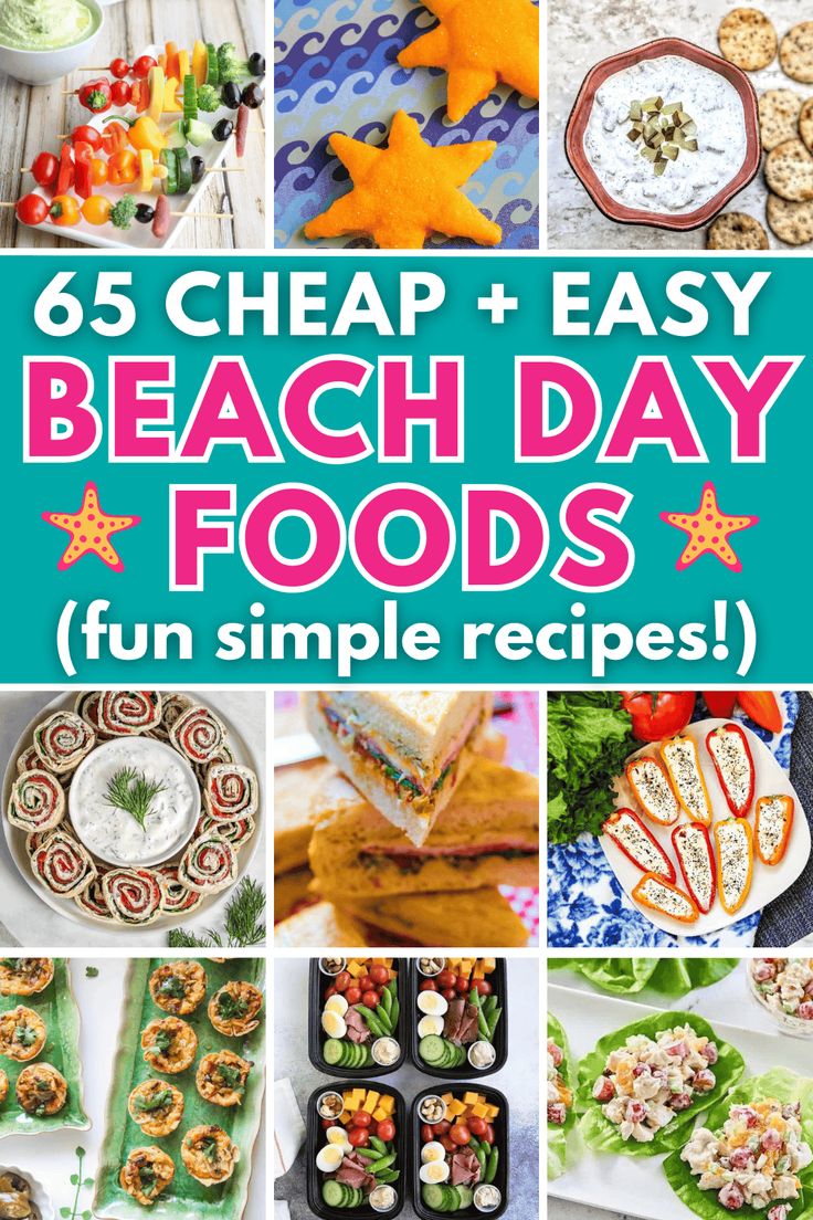 a collage of beach day foods with text overlay