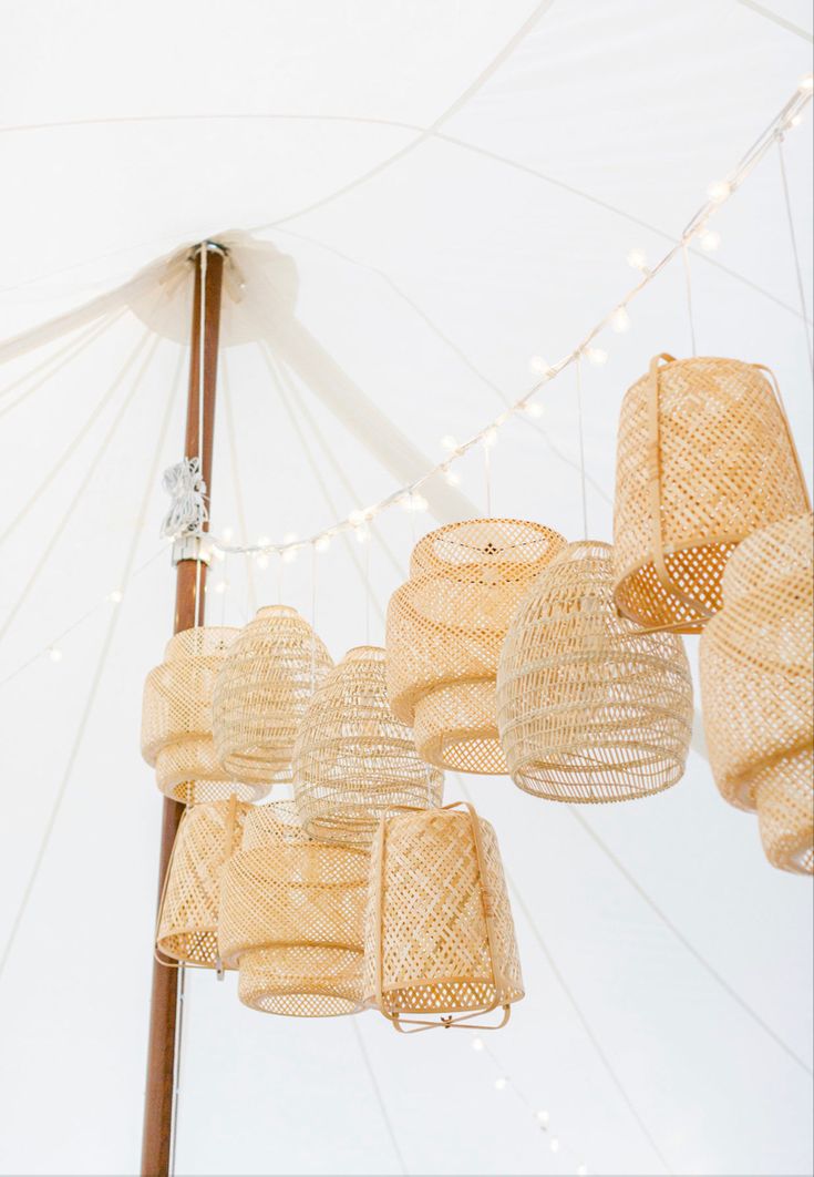 some lights are hanging from a white umbrella