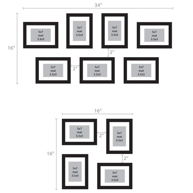 black and white photo frames with measurements for the size of each frame, shown in three different sizes