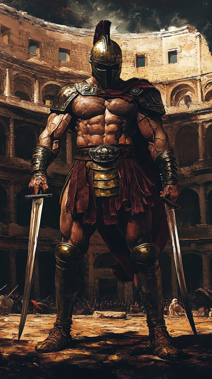 a painting of a man in armor holding two large swords and standing next to an arena