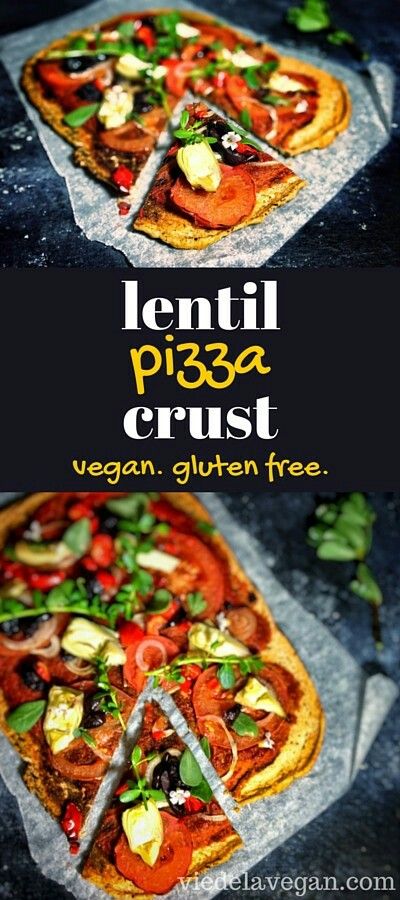 two pizzas with different toppings sitting on top of each other and the words lentil pizza crust written below them