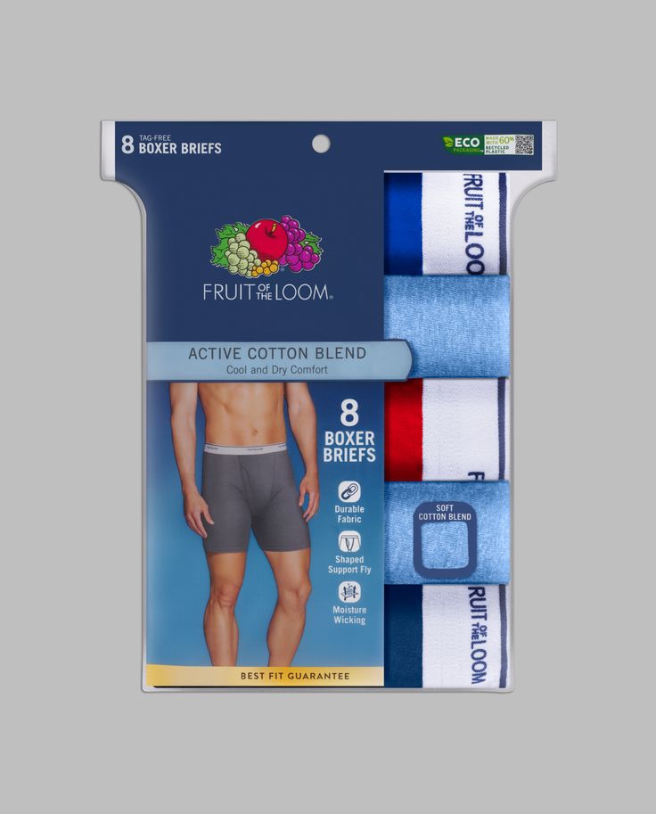 Fruit of the Loom® men's active cotton blend boxer briefs are an essential upgrade to your underwear collection. The cotton/polyester fabric provides cool and dry comfort for all day wear. The lightweight blend provides less bulk, making them perfect for everyday wear. These boxer briefs are designed to wick away moisture, keeping you cool and dry all day. Once you try Fruit of the Loom® active cotton blend boxer briefs, they will quickly become your go to underwear. Sporty Cotton Activewear Multi-pack, Blue Cotton Moisture-wicking Boxer Briefs, Blue Moisture-wicking Cotton Boxer Briefs, Moisture-wicking Stretch Cotton Boxer Briefs, Cotton Polyester Fabric, Keep Your Cool, Boxer Briefs, Fruit Of The Loom, The Loom