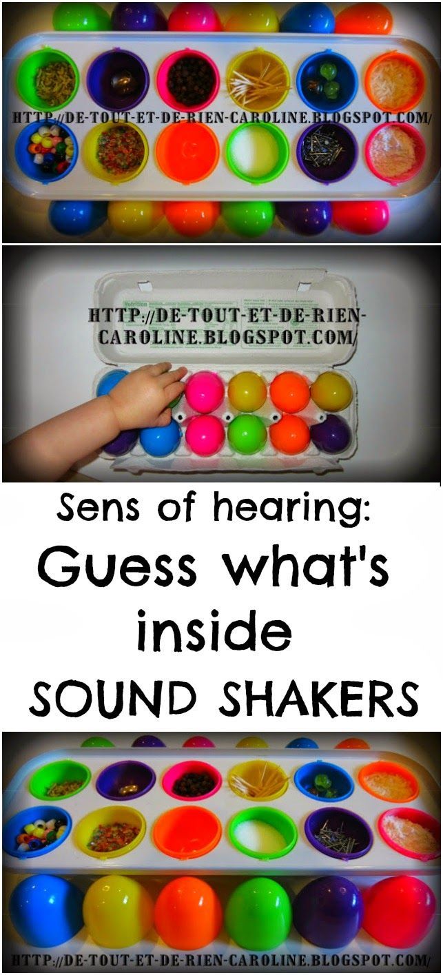 an assortment of different colored balls in a box with the words, sons of having guess what's inside sound shakers