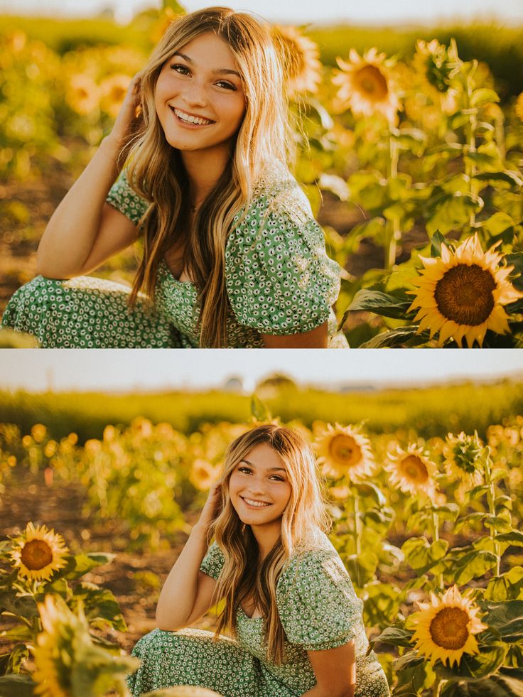 a woman sitting in the middle of a sunflower field