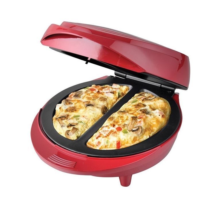 two pizzas are being cooked in a red electric griddle oven with the lid open