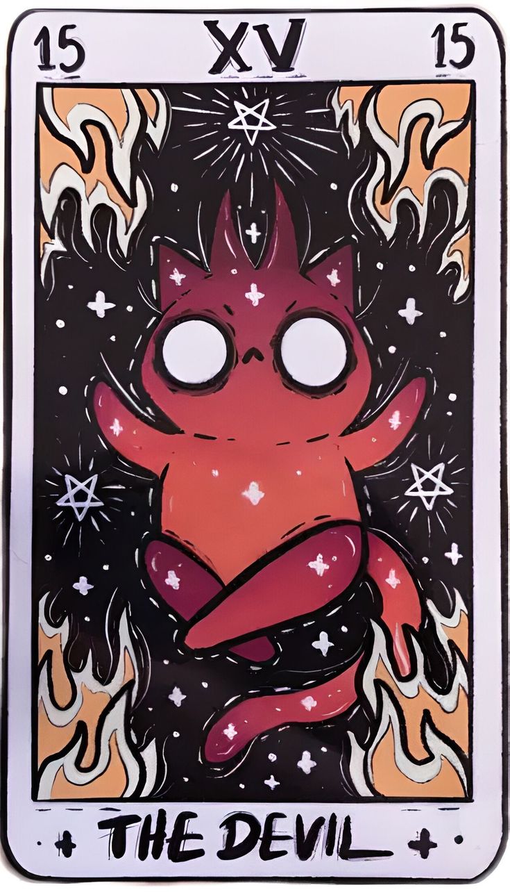 the devil tarot card is shown in red and black