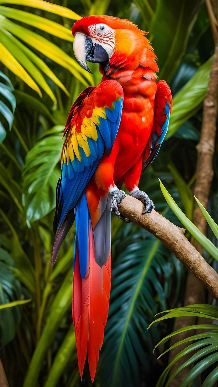 a colorful parrot sitting on top of a tree branch in front of some plants and leaves