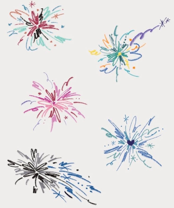 four different colored fireworks on a white background