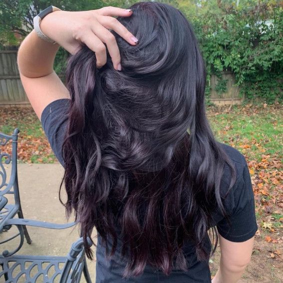 Black Hair For Olive Skin Tone, Black Plum Hair Color Deep Purple, Winterberry Hair Color, Black Hair With Tint Of Purple, Berry Black Hair, Cool Highlights On Black Hair, Black Hair With Violet Undertone, Blackberry Brunette Hair, Black With Purple Tint Hair