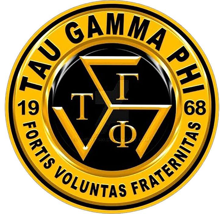 a black and yellow seal with the words tau gama phi on it's side