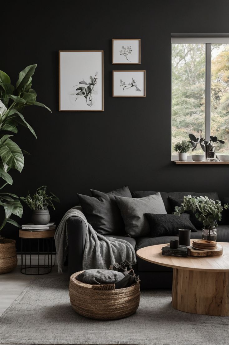 a living room with black walls and plants on the table in front of the couch