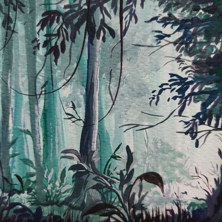 a painting of trees and plants in the woods