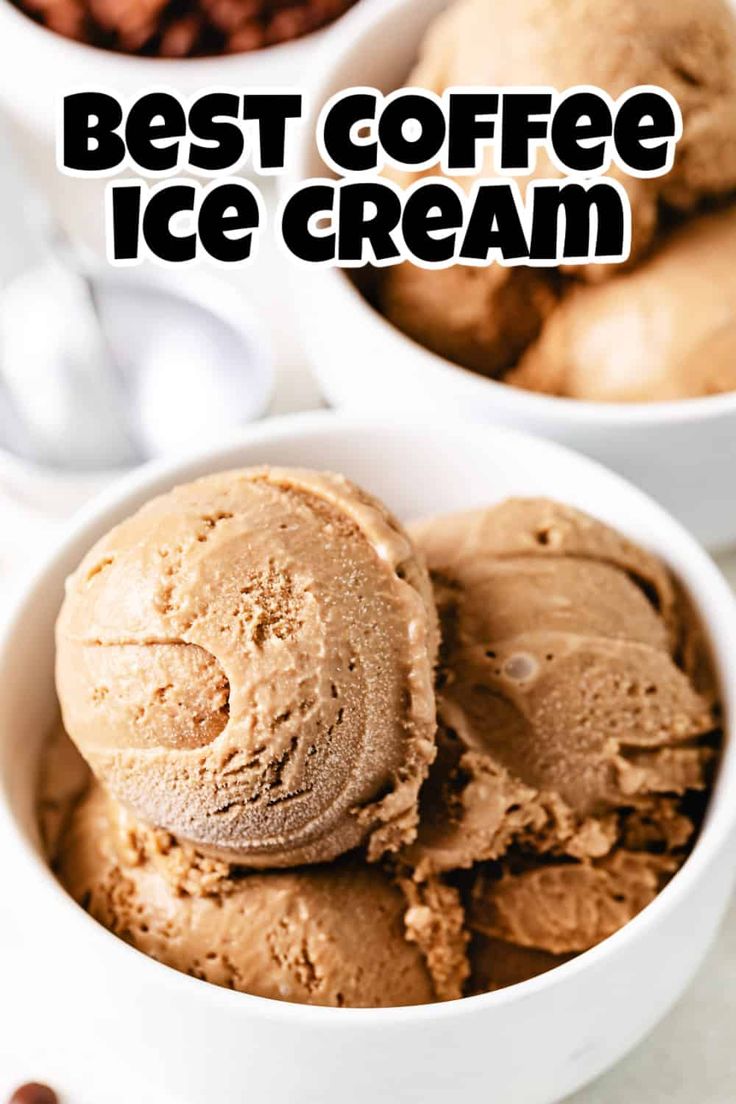 two white bowls filled with ice cream next to chocolate chips and coffee beans on the side