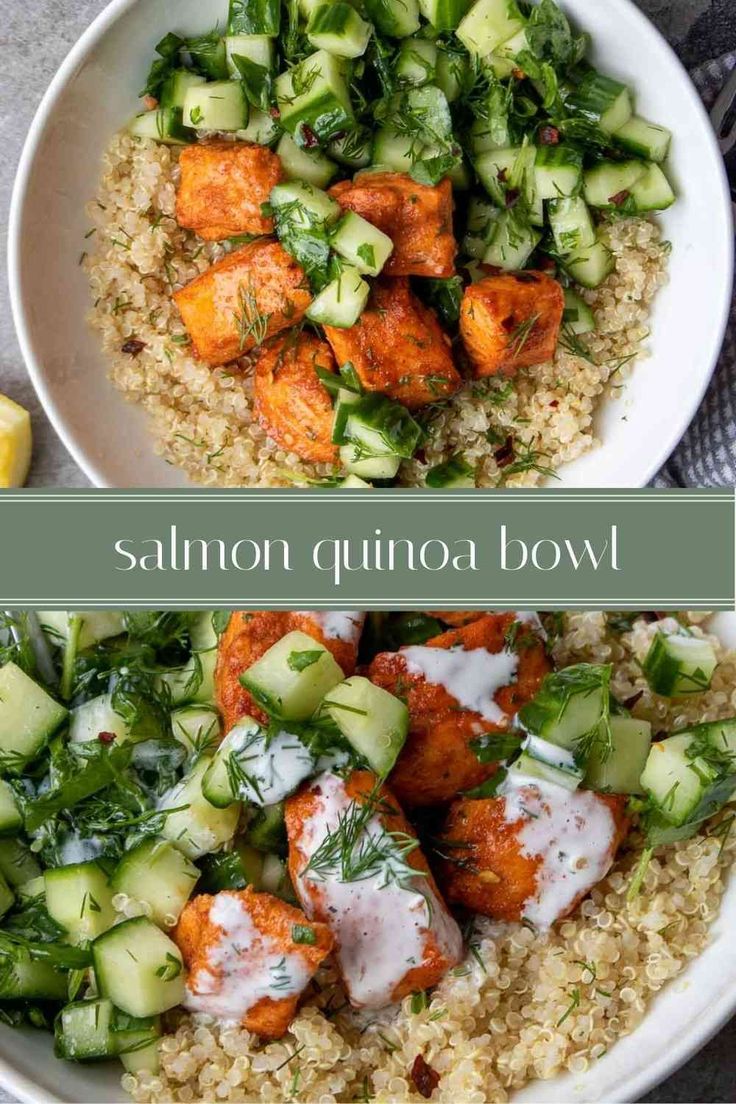 salmon and cucumber in a bowl with couscouse on the side