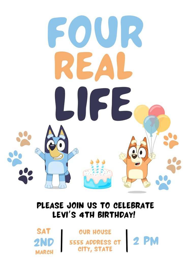 an image of a birthday party with cats and dogs in the foreground, text reads four real life please join us to celebrate levi's 4th birthday