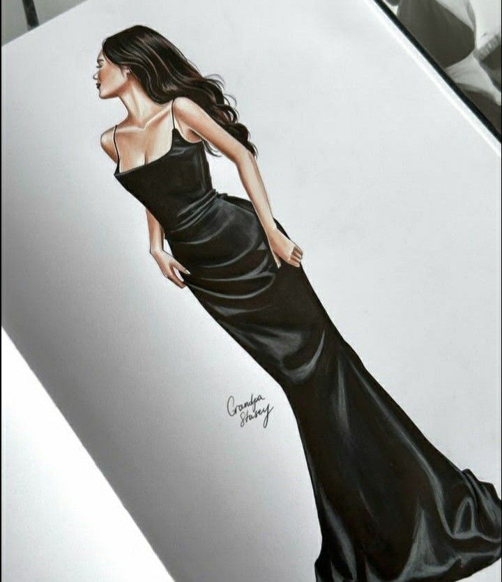 a drawing of a woman in a long black dress with her hand on her hip