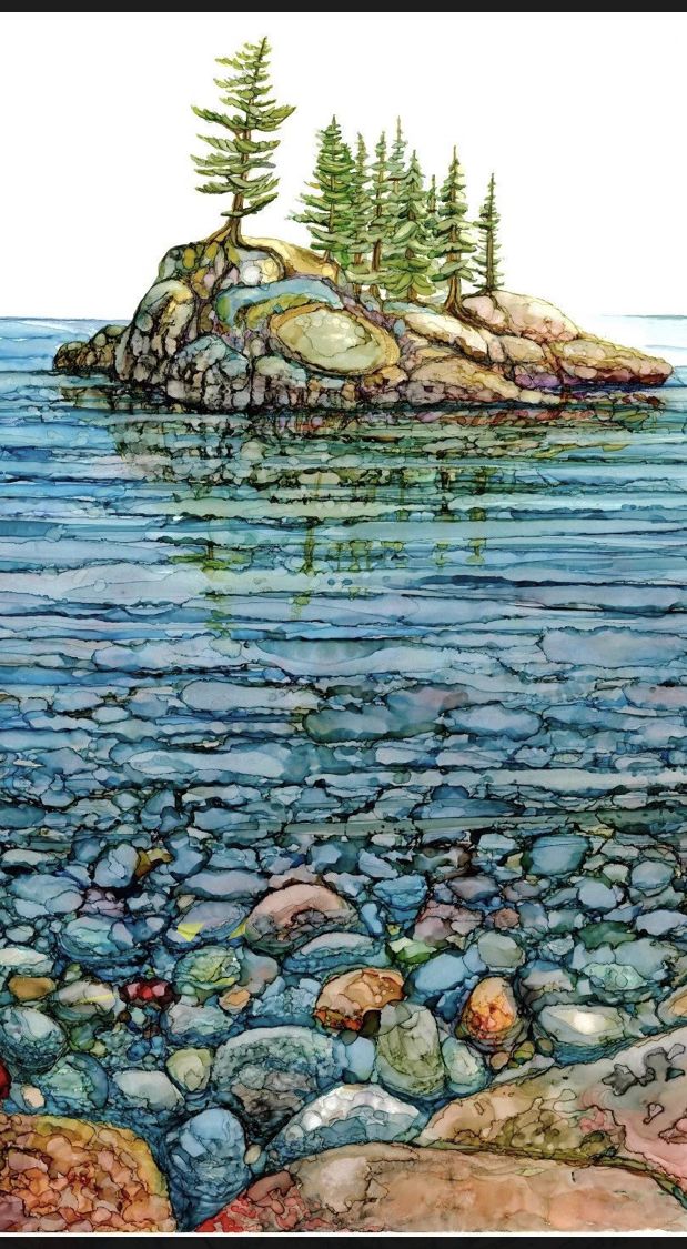 a painting of rocks and trees in the water near an island with pine trees on it