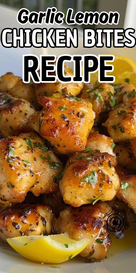 garlic lemon chicken bites recipe on a white plate