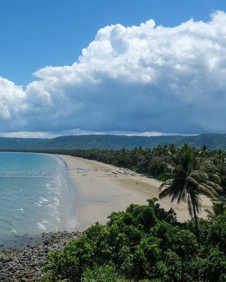 a sandy beach with palm trees and people in the water under a cloudy blue sky