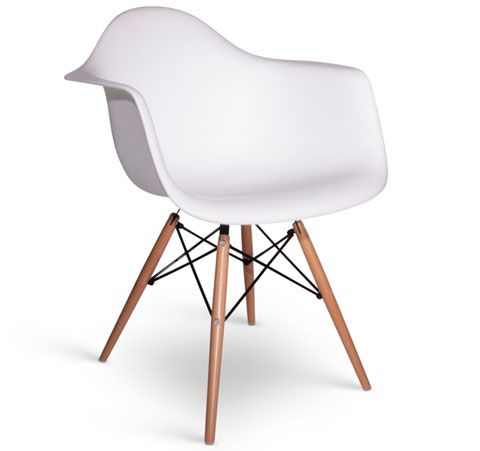 a white chair with wooden legs and a seat cushion on top of the armrests