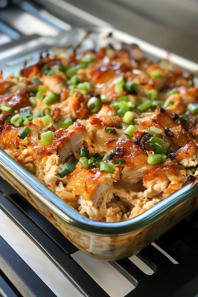 a casserole dish with chicken, peas and rice in it on the stove