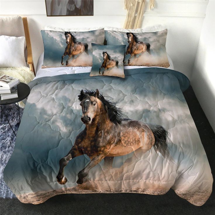 the horse is running through the clouds on the bed