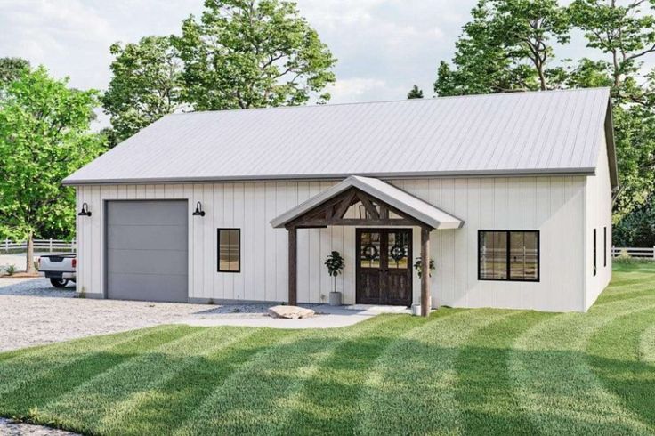 this is an artist's rendering of a barn style home with two garages