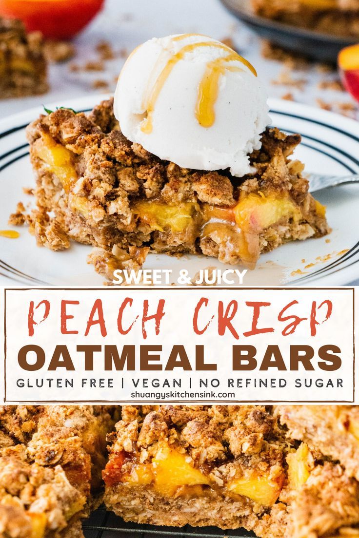 A batch of freshly baked peach crisp oatmeal bars Vegan Peach Crumble, Healthy Peach Crisp, Peach Crumble Bars, Peach Dessert, Gluten Free Desserts Healthy, Peach Crumble, Peach Crisp, Healthier Desserts, Healthy Swaps