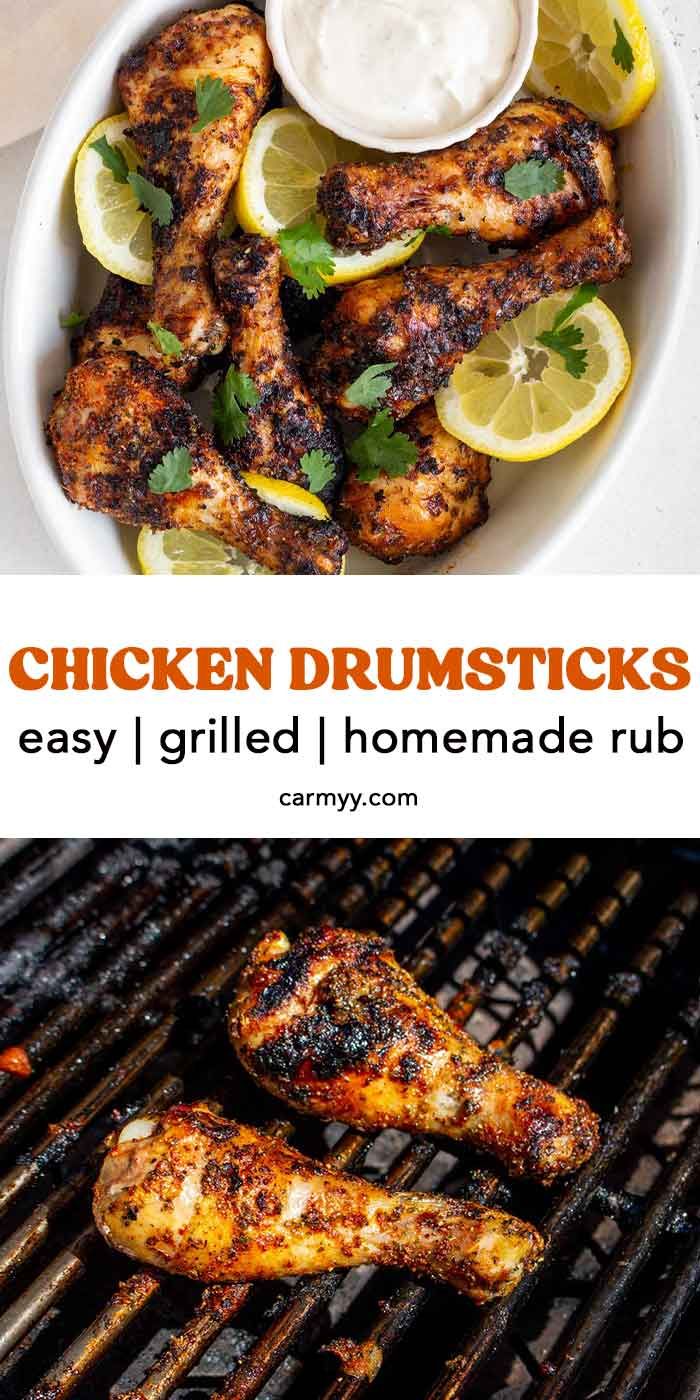 chicken drumsticks on the grill with lemon wedges and ranch dressing in a bowl