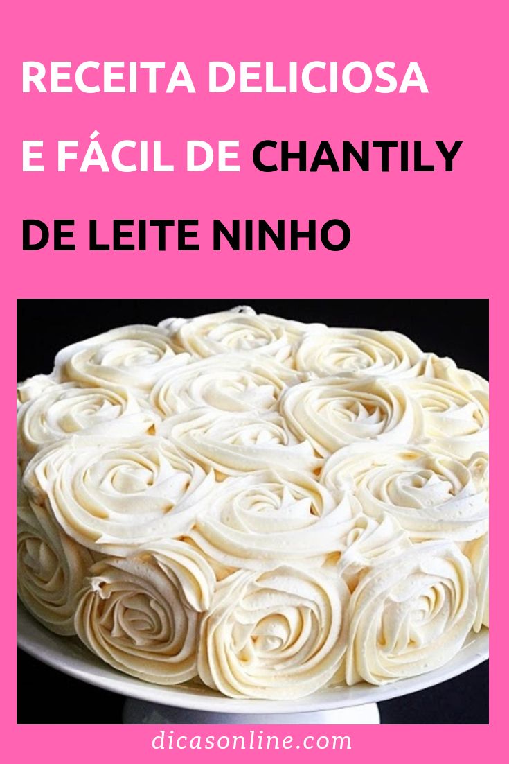 a cake with white frosting sitting on top of a pink tablecloth next to the words receita deliciasa e faci de chantly de lite ninhly