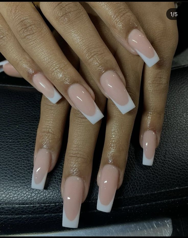 Nude Base French Tip, Nail Ideas White Tips, Long French Acrylic Nails, White Tips Acrylics, French Tips Coffin, Coffin White French Tip Nails, Short White Tip Acrylic Nails, Nails Pretty, Coffin French